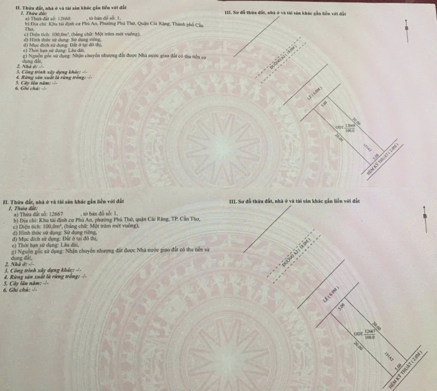 Cặp nền 200m² đường trục chính KDC Phú An, Cái Răng, TP. Cần Thơ 